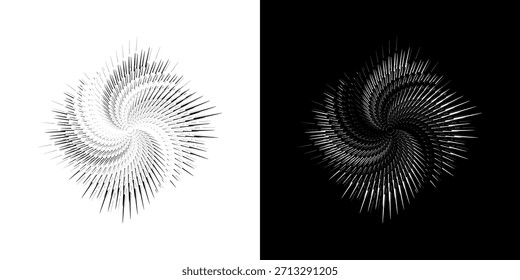 Dynamische abstrakte Spiral-Schallwellen-Rhythmuslinien. Kreisförmige Spirale Schallwelle Rhythmus von Linien. Zirkuläre futuristische abstrakte Linien, schwarz-weißer Hintergrund.