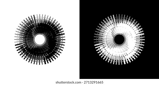 Dynamische abstrakte Spiral-Schallwellen-Rhythmuslinien. Kreisförmige Spirale Schallwelle Rhythmus von Linien. Zirkuläre futuristische abstrakte Linien, schwarz-weißer Hintergrund.	
