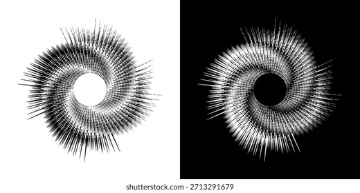 Dynamische abstrakte Spiral-Schallwellen-Rhythmuslinien. Kreisförmige Spirale Schallwelle Rhythmus von Linien. Zirkuläre futuristische abstrakte Linien, schwarz-weißer Hintergrund.	
