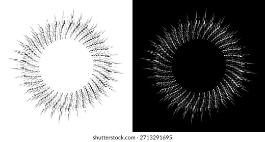 Dynamische abstrakte Spiral-Schallwellen-Rhythmuslinien. Kreisförmige Spirale Schallwelle Rhythmus von Linien. Zirkuläre futuristische abstrakte Linien, schwarz-weißer Hintergrund.	