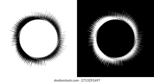 Dynamic abstract spiral sound wave rhythm lines. Circular spiral sound wave rhythm of lines. Circular futuristic abstract lines, black and white background.	
