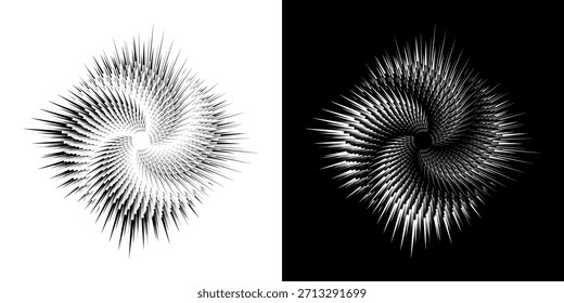 Linhas de ritmo de onda de som espiral abstrata dinâmica. Ritmo de onda de som espiral circular de linhas. Linhas abstratas futuristas circulares, fundo preto e branco.	
