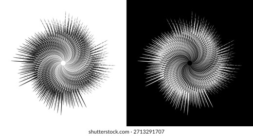 Dynamische abstrakte Spiral-Schallwellen-Rhythmuslinien. Kreisförmige Spirale Schallwelle Rhythmus von Linien. Zirkuläre futuristische abstrakte Linien, schwarz-weißer Hintergrund.	
