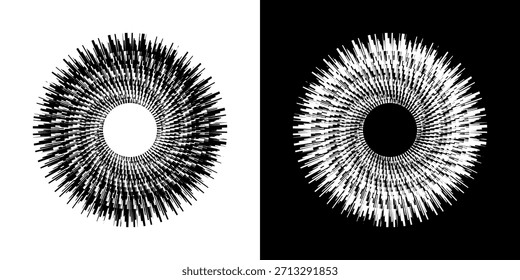 Dynamische abstrakte Spiral-Schallwellen-Rhythmuslinien. Kreisförmige Spirale Schallwelle Rhythmus von Linien. Zirkuläre futuristische abstrakte Linien, schwarz-weißer Hintergrund.	
