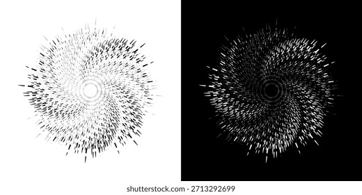 Dynamische abstrakte Spiral-Schallwellen-Rhythmuslinien. Kreisförmige Spirale Schallwelle Rhythmus von Linien. Zirkuläre futuristische abstrakte Linien, schwarz-weißer Hintergrund.	
