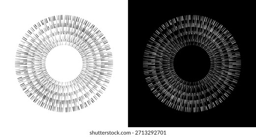 Dynamische abstrakte Spiral-Schallwellen-Rhythmuslinien. Kreisförmige Spirale Schallwelle Rhythmus von Linien. Zirkuläre futuristische abstrakte Linien, schwarz-weißer Hintergrund.	
