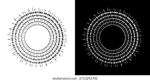 Dynamische abstrakte Spiral-Schallwellen-Rhythmuslinien. Kreisförmige Spirale Schallwelle Rhythmus von Linien. Zirkuläre futuristische abstrakte Linien, schwarz-weißer Hintergrund.	
