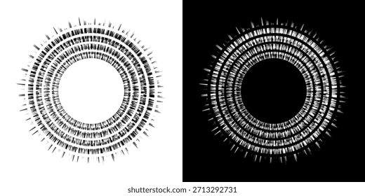 Dynamische abstrakte Spiral-Schallwellen-Rhythmuslinien. Kreisförmige Spirale Schallwelle Rhythmus von Linien. Zirkuläre futuristische abstrakte Linien, schwarz-weißer Hintergrund.	

