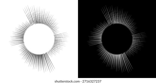 Líneas dinámicas abstractas del ritmo de ondas de sonido en espiral. Onda de sonido circular en espiral con ritmo de líneas. Líneas abstractas futuristas circulares, fondo blanco y negro.
