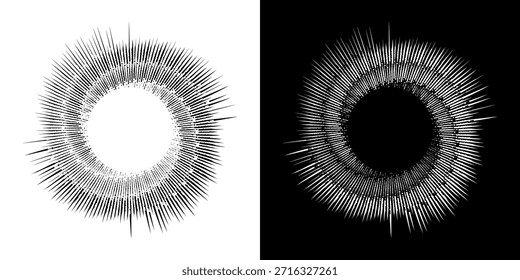 Líneas dinámicas abstractas del ritmo de ondas de sonido en espiral. Onda de sonido circular en espiral con ritmo de líneas. Líneas abstractas futuristas circulares, fondo blanco y negro.