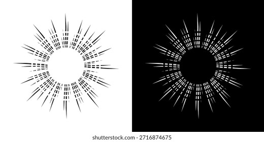 Linhas de ritmo de onda de som espiral abstrata dinâmica. Ritmo de onda de som espiral circular de linhas. Linhas abstratas futuristas circulares, fundo preto e branco.	