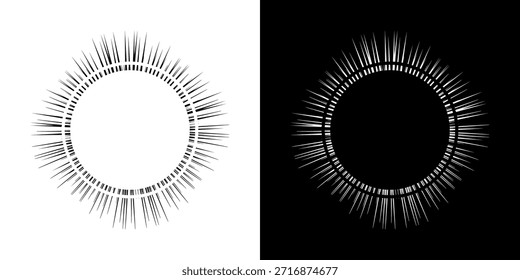 Dynamische abstrakte Spiral-Schallwellen-Rhythmuslinien. Kreisförmige Spirale Schallwelle Rhythmus von Linien. Zirkuläre futuristische abstrakte Linien, schwarz-weißer Hintergrund.	