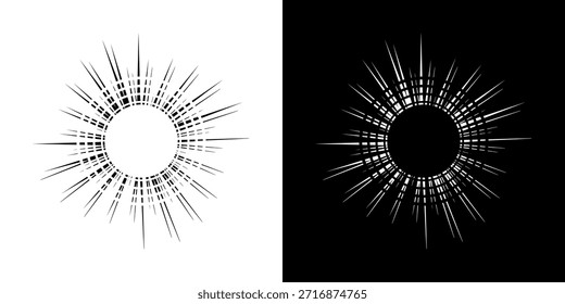 Linhas de ritmo de onda de som espiral abstrata dinâmica. Ritmo de onda de som espiral circular de linhas. Linhas abstratas futuristas circulares, fundo preto e branco.	