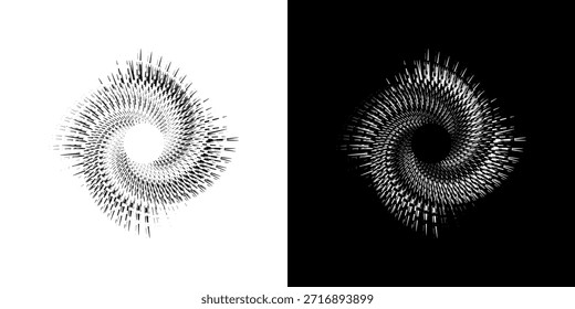	
Líneas dinámicas abstractas del ritmo de ondas de sonido en espiral. Onda de sonido circular en espiral con ritmo de líneas. Líneas abstractas futuristas circulares, fondo blanco y negro.	
