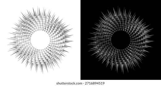 Dynamische abstrakte Spiral-Schallwellen-Rhythmuslinien. Kreisförmige Spirale Schallwelle Rhythmus von Linien. Zirkuläre futuristische abstrakte Linien, schwarz-weißer Hintergrund.
