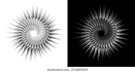 Dynamische abstrakte Spiral-Schallwellen-Rhythmuslinien. Kreisförmige Spirale Schallwelle Rhythmus von Linien. Zirkuläre futuristische abstrakte Linien, schwarz-weißer Hintergrund.
