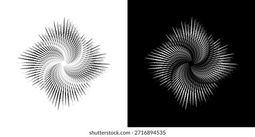 Líneas dinámicas abstractas del ritmo de ondas de sonido en espiral. Onda de sonido circular en espiral con ritmo de líneas. Líneas abstractas futuristas circulares, fondo blanco y negro.
