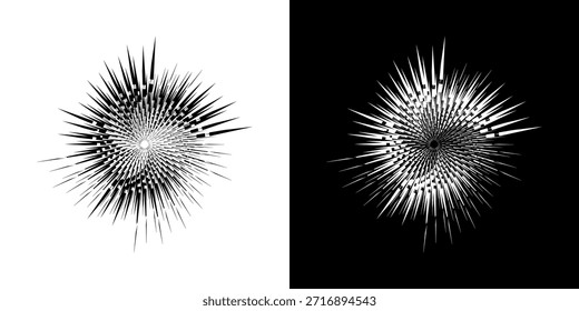 Dynamische abstrakte Spiral-Schallwellen-Rhythmuslinien. Kreisförmige Spirale Schallwelle Rhythmus von Linien. Zirkuläre futuristische abstrakte Linien, schwarz-weißer Hintergrund.

