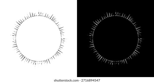 Líneas dinámicas abstractas del ritmo de ondas de sonido en espiral. Onda de sonido circular en espiral con ritmo de líneas. Líneas abstractas futuristas circulares, fondo blanco y negro.
