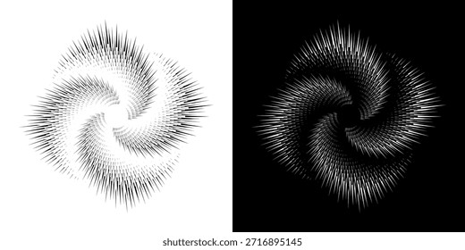 Líneas dinámicas abstractas del ritmo de ondas de sonido en espiral. Onda de sonido circular en espiral con ritmo de líneas. Líneas abstractas futuristas circulares, fondo blanco y negro.	