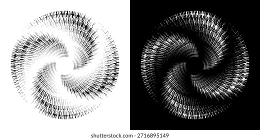 Líneas dinámicas abstractas del ritmo de ondas de sonido en espiral. Onda de sonido circular en espiral con ritmo de líneas. Líneas abstractas futuristas circulares, fondo blanco y negro.	