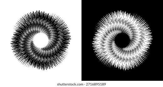 Líneas dinámicas abstractas del ritmo de ondas de sonido en espiral. Onda de sonido circular en espiral con ritmo de líneas. Líneas abstractas futuristas circulares, fondo blanco y negro.	