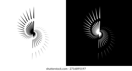 Dynamische abstrakte Spiral-Schallwellen-Rhythmuslinien. Kreisförmige Spirale Schallwelle Rhythmus von Linien. Zirkuläre futuristische abstrakte Linien, schwarz-weißer Hintergrund.	