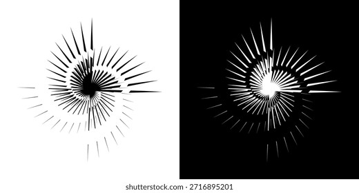 Linhas de ritmo de onda de som espiral abstrata dinâmica. Ritmo de onda de som espiral circular de linhas. Linhas abstratas futuristas circulares, fundo preto e branco.	