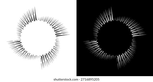 Dynamische abstrakte Spiral-Schallwellen-Rhythmuslinien. Kreisförmige Spirale Schallwelle Rhythmus von Linien. Zirkuläre futuristische abstrakte Linien, schwarz-weißer Hintergrund.	