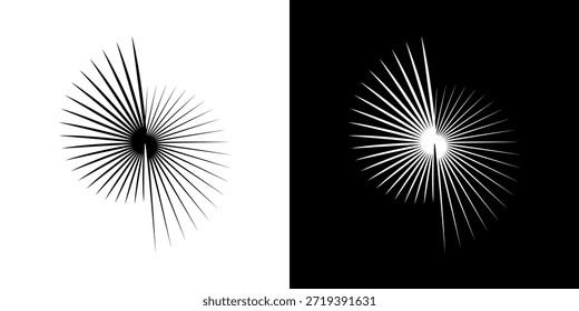 Linhas de ritmo de onda de som espiral abstrata dinâmica. Ritmo de onda de som espiral circular de linhas. Linhas abstratas futuristas circulares, fundo preto e branco.	