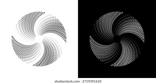 Linhas de ritmo de onda de som espiral abstrata dinâmica. Ritmo de onda de som espiral circular de linhas. Linhas abstratas futuristas circulares, fundo preto e branco.	
