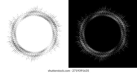 Linhas de ritmo de onda de som espiral abstrata dinâmica. Ritmo de onda de som espiral circular de linhas. Linhas abstratas futuristas circulares, fundo preto e branco.	