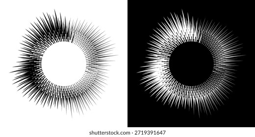 Linhas de ritmo de onda de som espiral abstrata dinâmica. Ritmo de onda de som espiral circular de linhas. Linhas abstratas futuristas circulares, fundo preto e branco.	