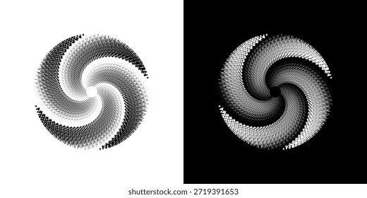 Linhas de ritmo de onda de som espiral abstrata dinâmica. Ritmo de onda de som espiral circular de linhas. Linhas abstratas futuristas circulares, fundo preto e branco.	