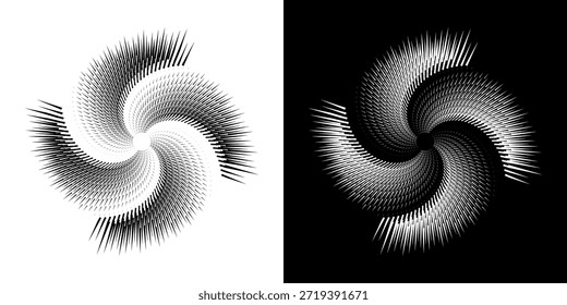 Linhas de ritmo de onda de som espiral abstrata dinâmica. Ritmo de onda de som espiral circular de linhas. Linhas abstratas futuristas circulares, fundo preto e branco.	