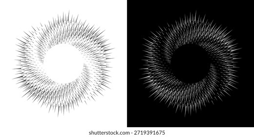 Linhas de ritmo de onda de som espiral abstrata dinâmica. Ritmo de onda de som espiral circular de linhas. Linhas abstratas futuristas circulares, fundo preto e branco.	