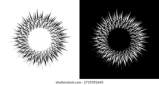Linhas de ritmo de onda de som espiral abstrata dinâmica. Ritmo de onda de som espiral circular de linhas. Linhas abstratas futuristas circulares, fundo preto e branco.	