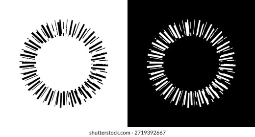 Linhas de ritmo de onda de som espiral abstrata dinâmica. Ritmo de onda de som espiral circular de linhas. Linhas abstratas futuristas circulares, fundo preto e branco.	