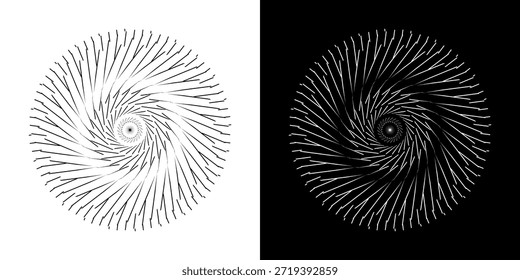 Linhas de ritmo de onda de som espiral abstrata dinâmica. Ritmo de onda de som espiral circular de linhas. Linhas abstratas futuristas circulares, fundo preto e branco.	