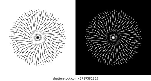 Linhas de ritmo de onda de som espiral abstrata dinâmica. Ritmo de onda de som espiral circular de linhas. Linhas abstratas futuristas circulares, fundo preto e branco.	