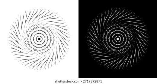 Linhas de ritmo de onda de som espiral abstrata dinâmica. Ritmo de onda de som espiral circular de linhas. Linhas abstratas futuristas circulares, fundo preto e branco.	