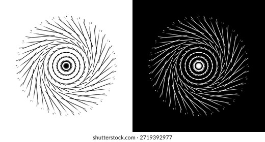 Linhas de ritmo de onda de som espiral abstrata dinâmica. Ritmo de onda de som espiral circular de linhas. Linhas abstratas futuristas circulares, fundo preto e branco.	