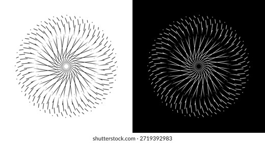 Linhas de ritmo de onda de som espiral abstrata dinâmica. Ritmo de onda de som espiral circular de linhas. Linhas abstratas futuristas circulares, fundo preto e branco.	