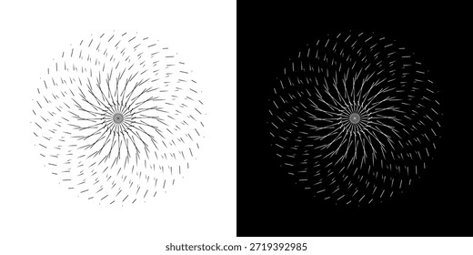 Linhas de ritmo de onda de som espiral abstrata dinâmica. Ritmo de onda de som espiral circular de linhas. Linhas abstratas futuristas circulares, fundo preto e branco.	