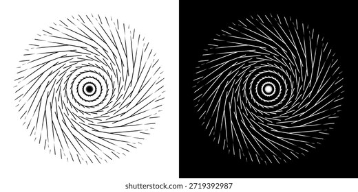 Linhas de ritmo de onda de som espiral abstrata dinâmica. Ritmo de onda de som espiral circular de linhas. Linhas abstratas futuristas circulares, fundo preto e branco.	