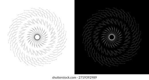 Linhas de ritmo de onda de som espiral abstrata dinâmica. Ritmo de onda de som espiral circular de linhas. Linhas abstratas futuristas circulares, fundo preto e branco.	