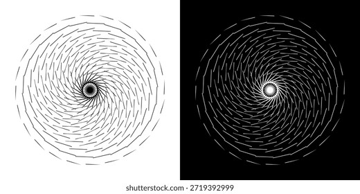 Linhas de ritmo de onda de som espiral abstrata dinâmica. Ritmo de onda de som espiral circular de linhas. Linhas abstratas futuristas circulares, fundo preto e branco.	