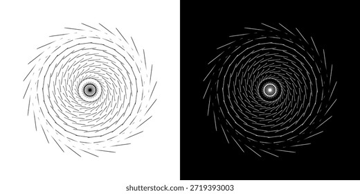 Líneas dinámicas abstractas del ritmo de ondas de sonido en espiral. Onda de sonido circular en espiral con ritmo de líneas. Líneas abstractas futuristas circulares, fondo blanco y negro.	