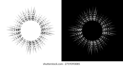 Linhas de ritmo de onda de som espiral abstrata dinâmica. Ritmo de onda de som espiral circular de linhas. Linhas abstratas futuristas circulares, fundo preto e branco.	
