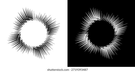Linhas de ritmo de onda de som espiral abstrata dinâmica. Ritmo de onda de som espiral circular de linhas. Linhas abstratas futuristas circulares, fundo preto e branco.